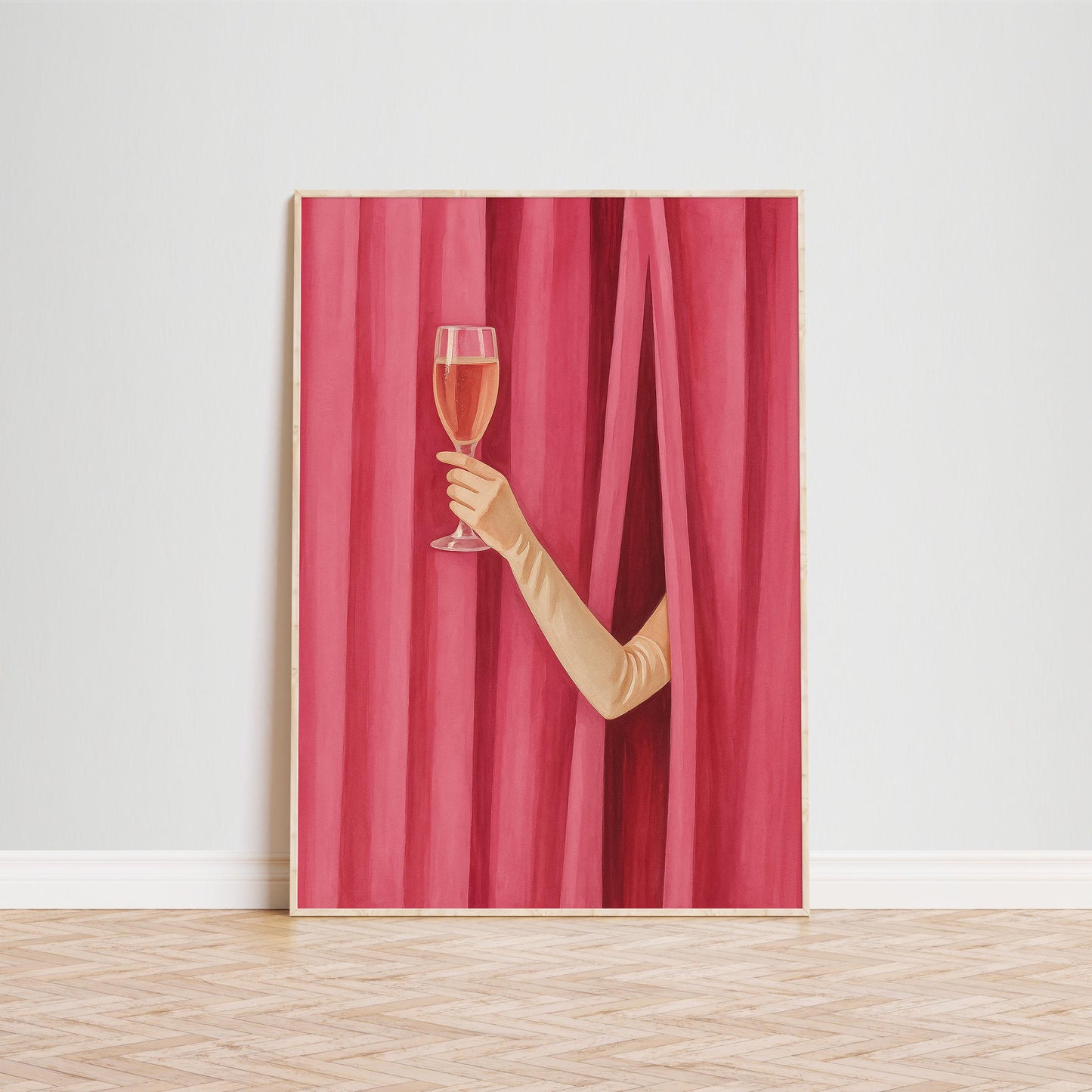 Champagne Wall Art – Elegant Glam Home Decor With Red Curtain And Sophisticated Style