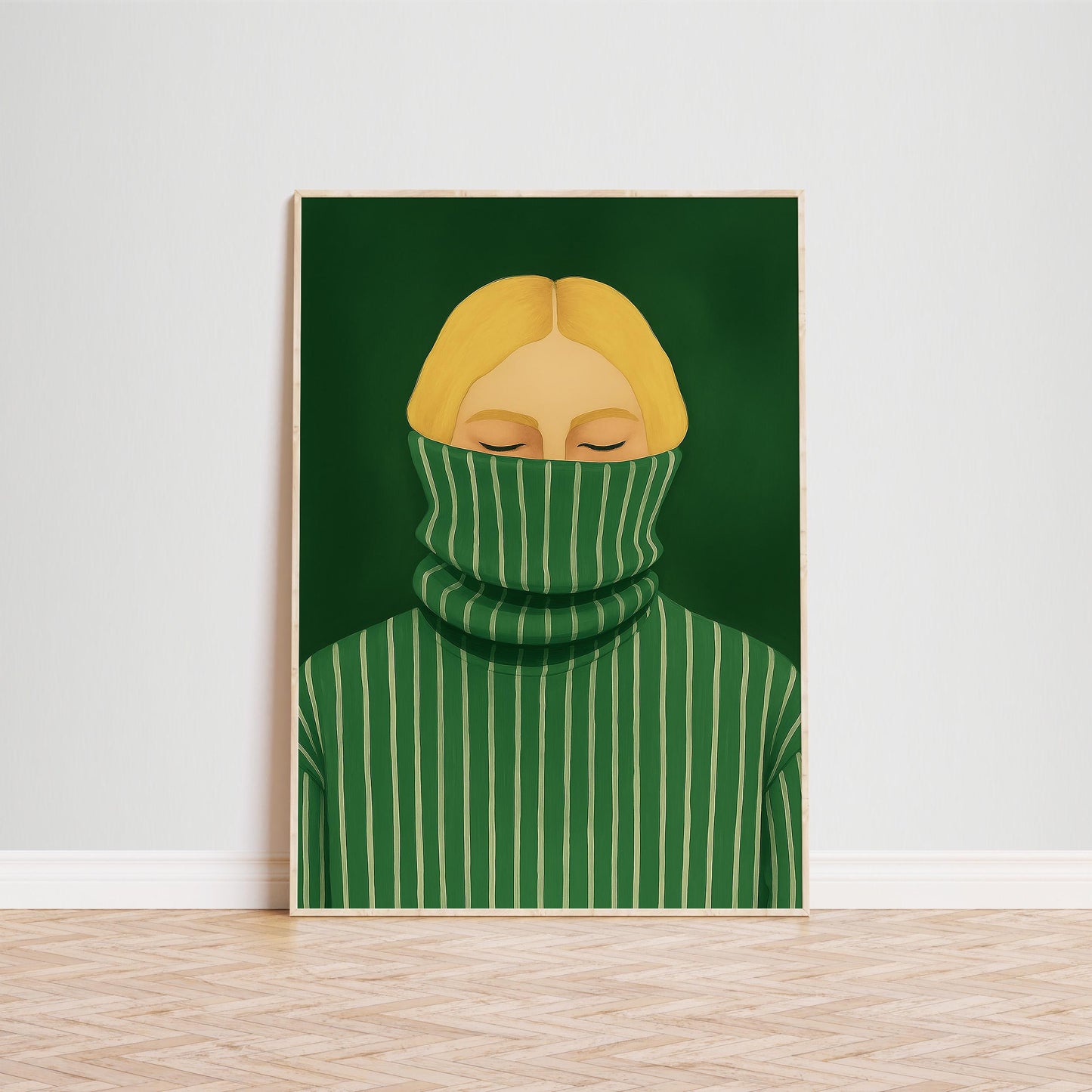 Minimalist Green Sweater Art – Moody Modern Portrait Wall Poster With Emotional Depth