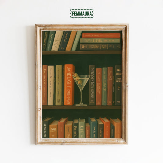 Martini Bookshelf Poster – Vintage Cocktail Art | Library Wall Decor Print