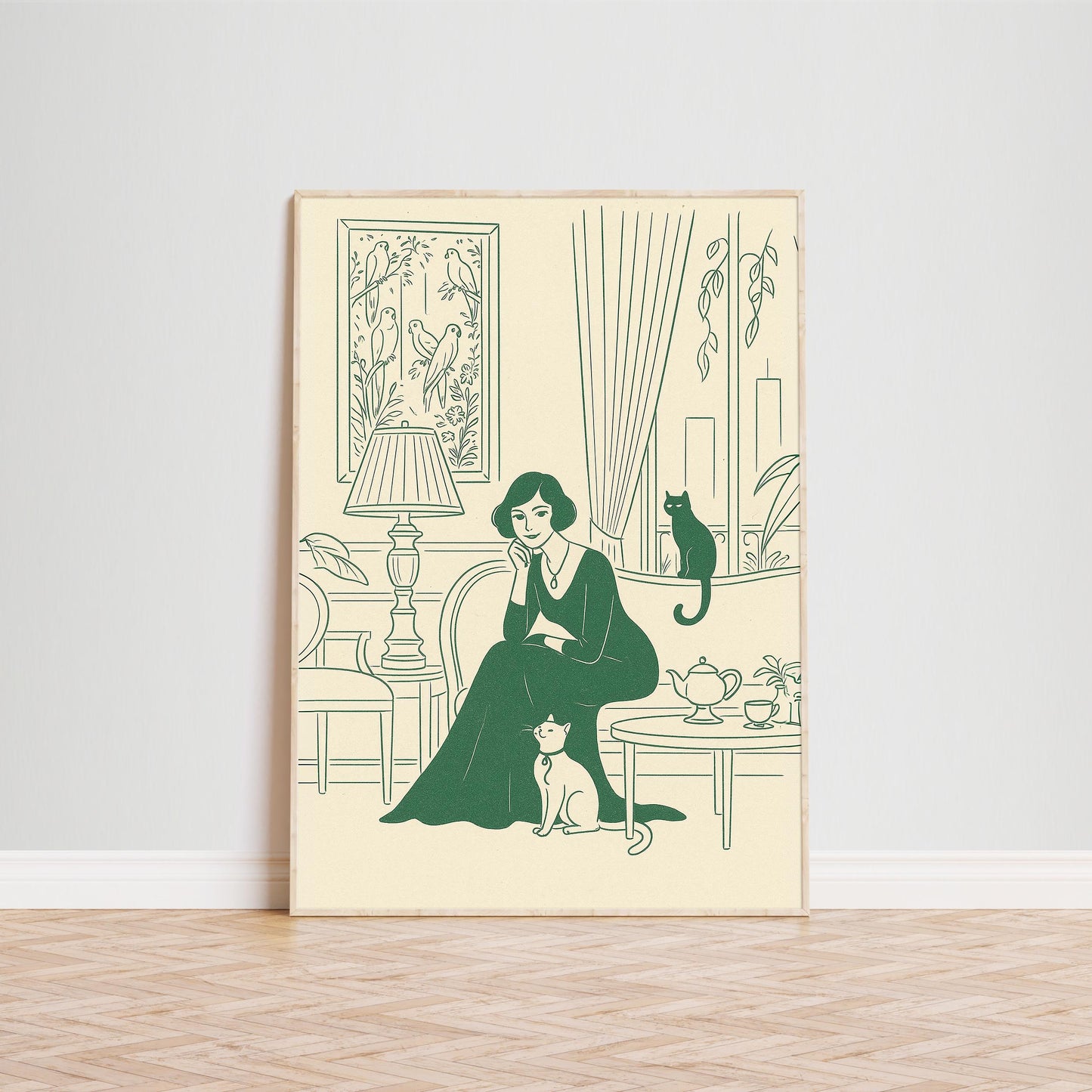 Afternoon Tea – Elegant Woman with Cats Line Art Poster, Vintage Minimal Illustration