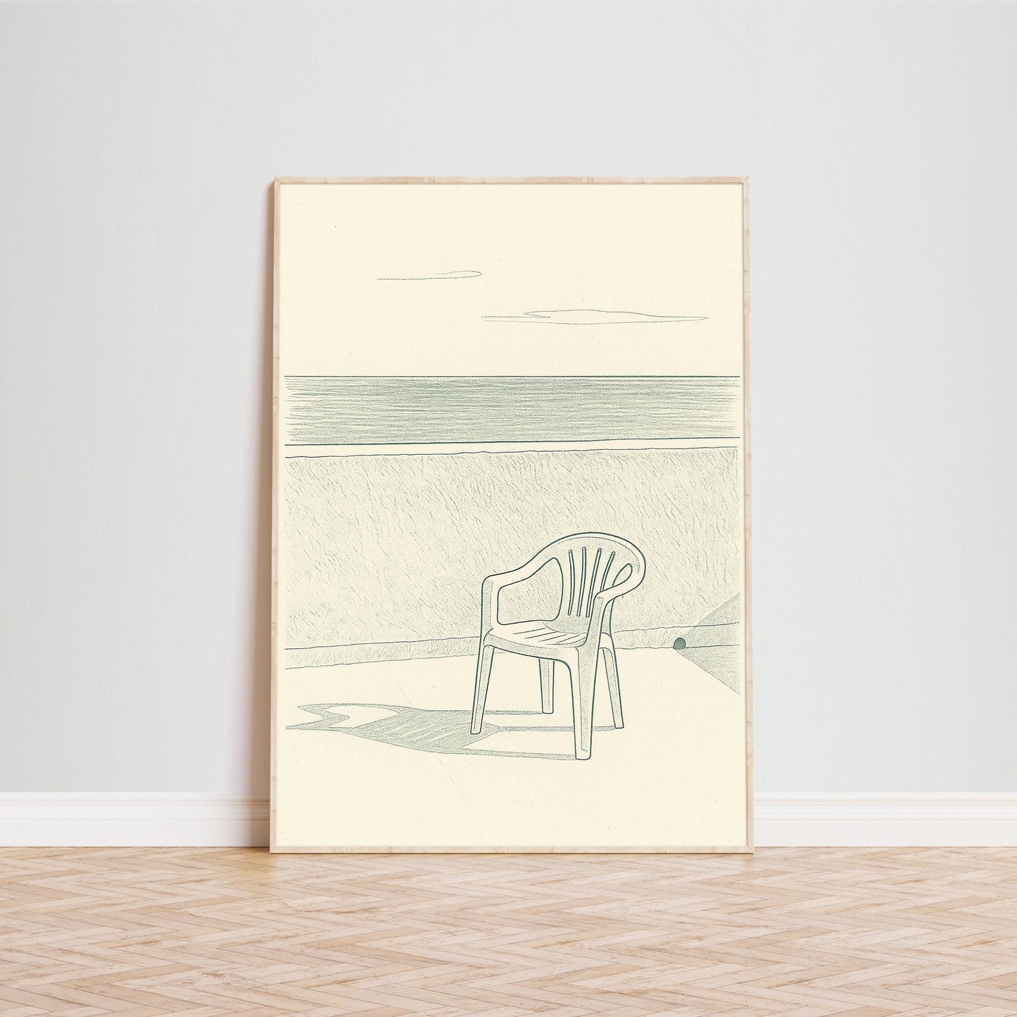 Minimal Coastal Chair Poster – Vintage Green Beach Wall Art
