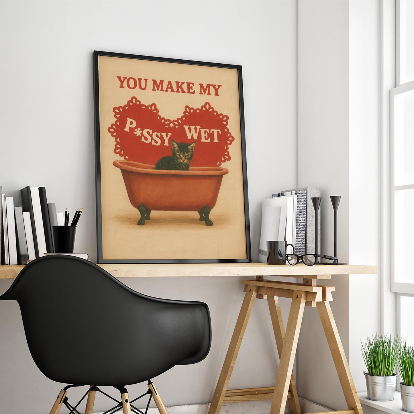 Funny Cat Poster – Vintage Erotic Print With Horny Kitten & Bold Love Quote