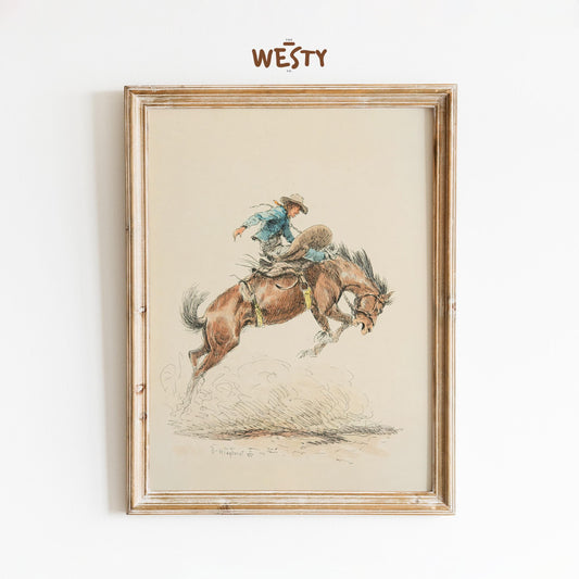 Bronc Rider Watercolor Print – Vintage Rodeo Cowboy Western Wall Art
