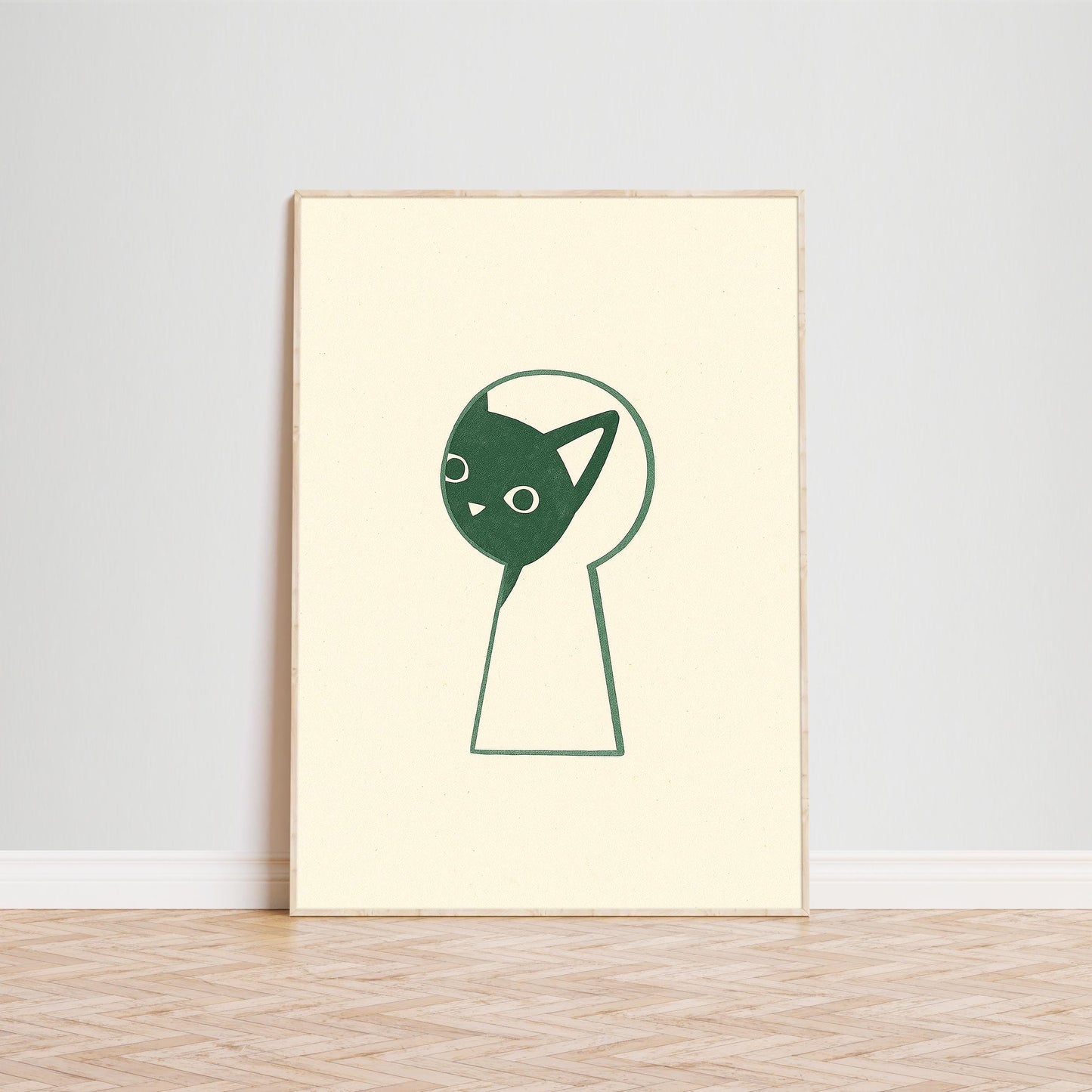 Keyhole Cat – Minimal Line Art Poster, Playful Modern Home Wall Print