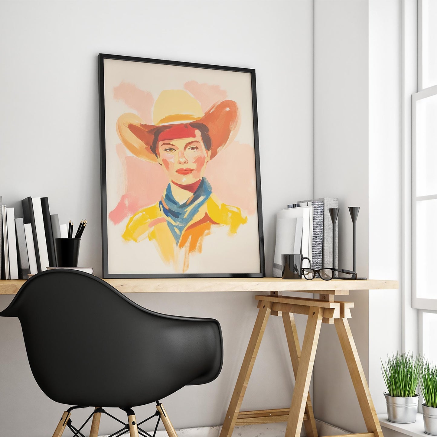 Colorful Cowgirl Portrait Print – Retro Western Wall Art