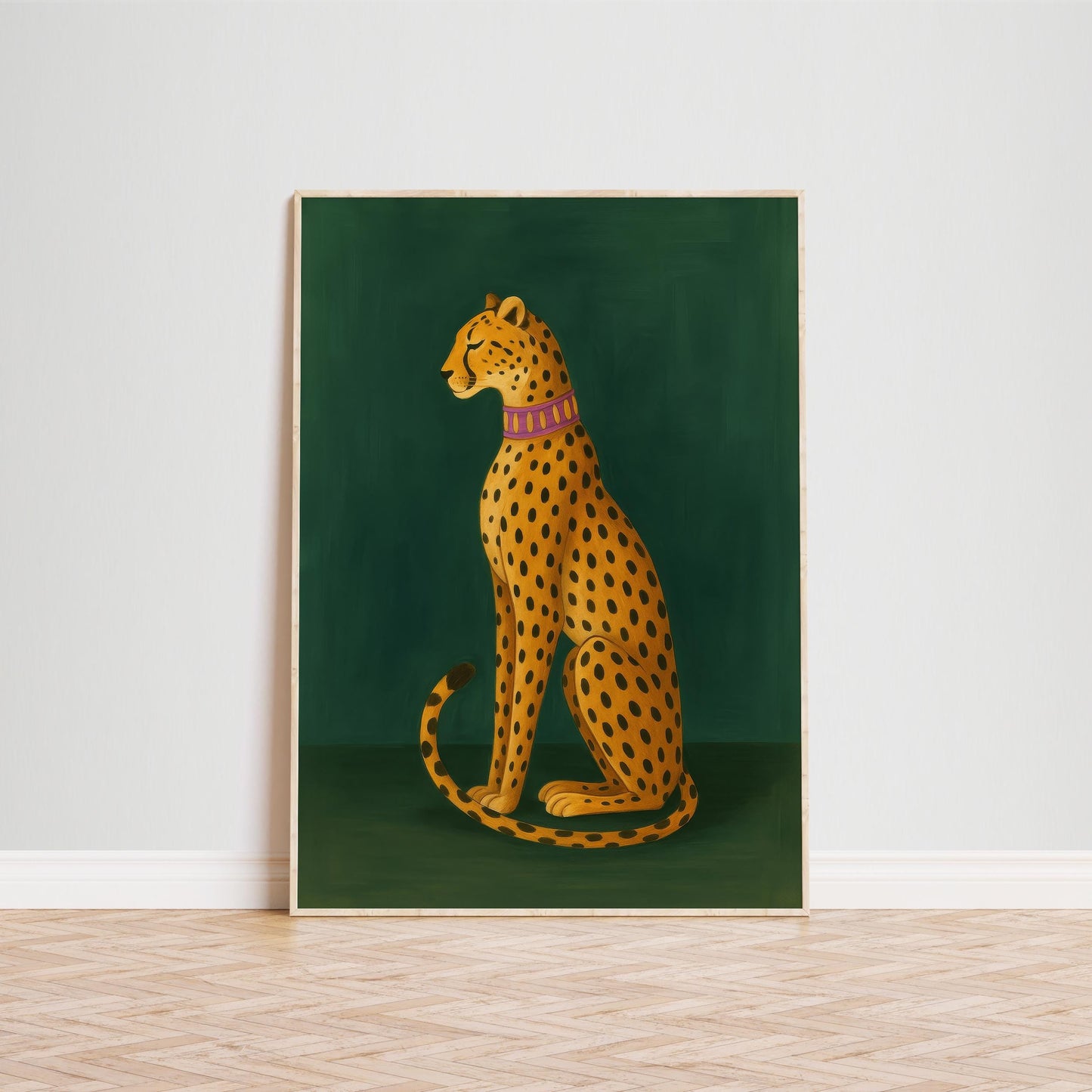 Golden Leopard Wall Art – Exotic Cat Artwork on Green Wall Poster