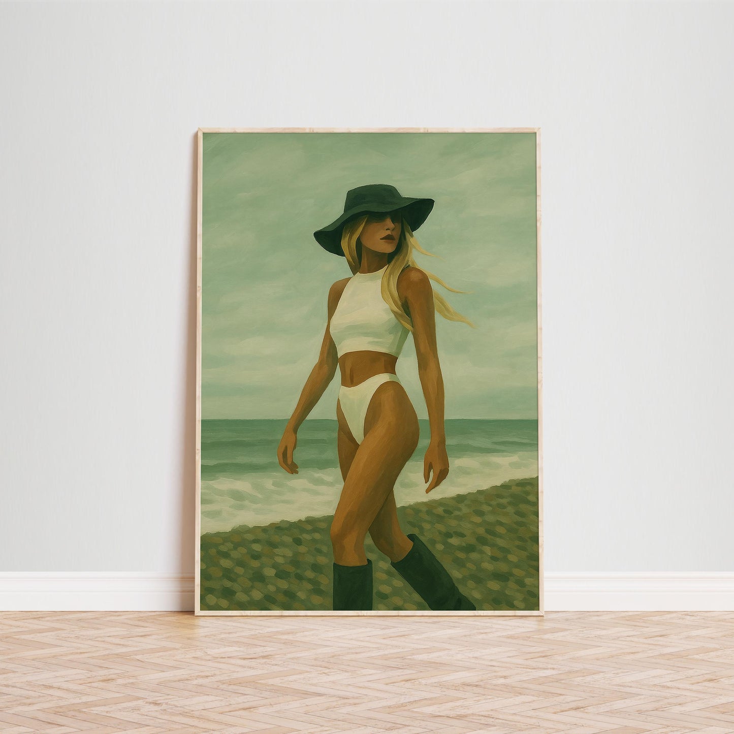 Retro Beach Poster – Minimalist Wall Art With Stylish Woman And Sandy Tone