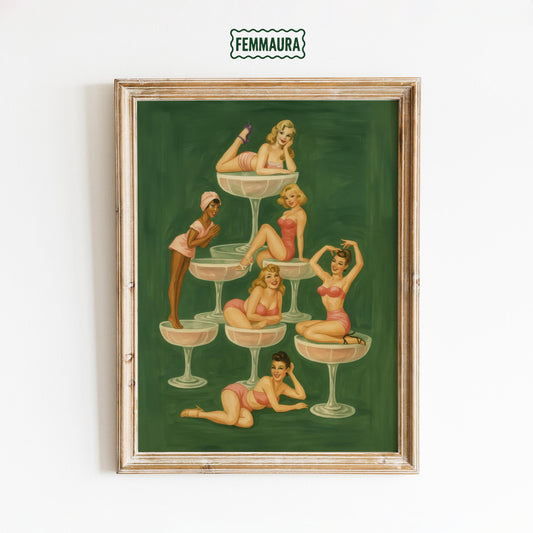Champagne Tower Poster – Vintage Pinup Art | Playful Feminine Group Print