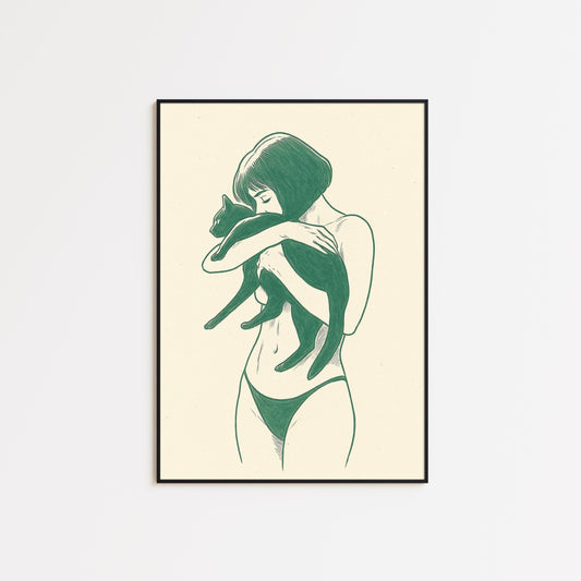 Soft Embrace – Minimal Woman and Cat Line Art, Intimate Feminine Poster