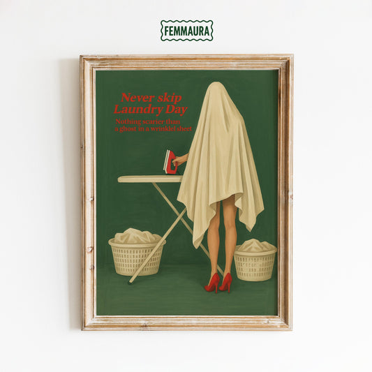 Laundry Day Poster – Quirky Retro Humor Print With Ghost In Sheet Art