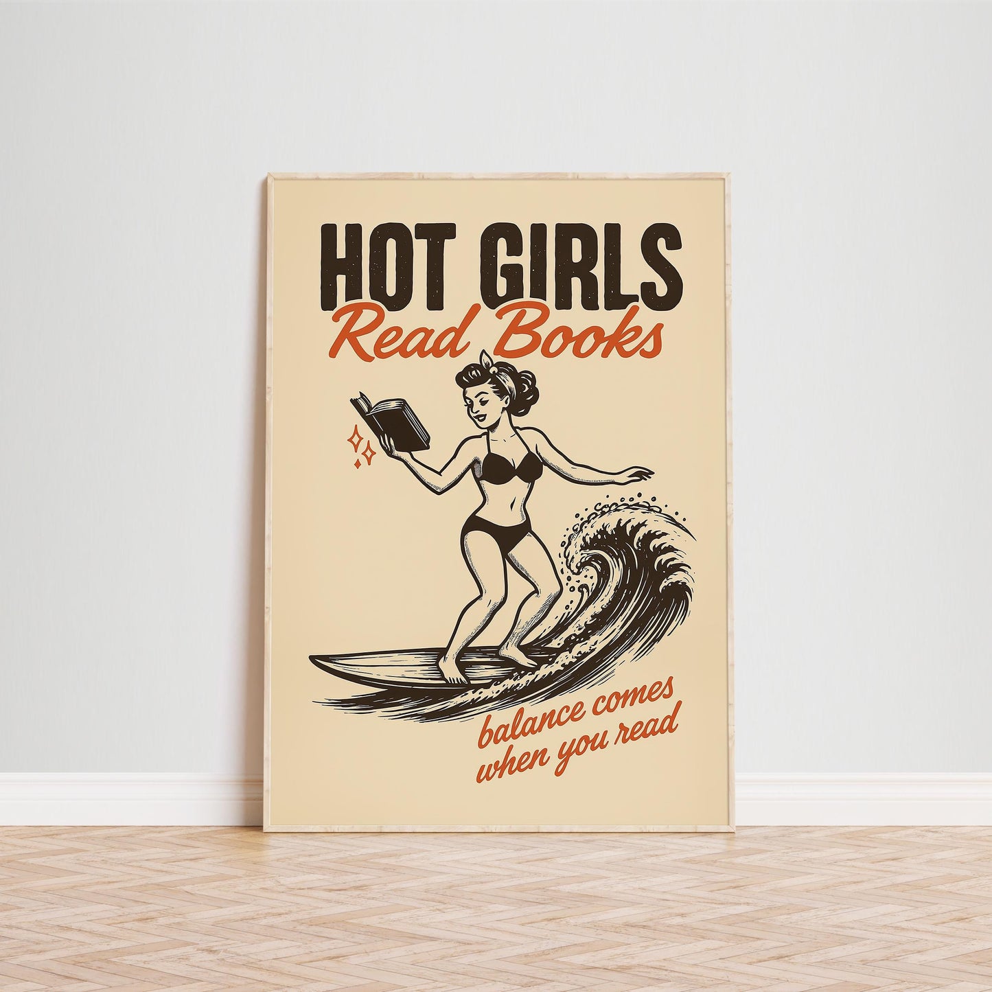 Hot Girls Read Books Poster – Retro Pin-Up Surf Art Print