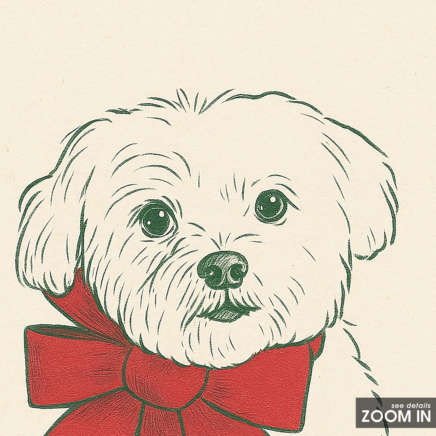 Christmas Puppy Poster – Cute Dog with Red Bow Holiday Art Print