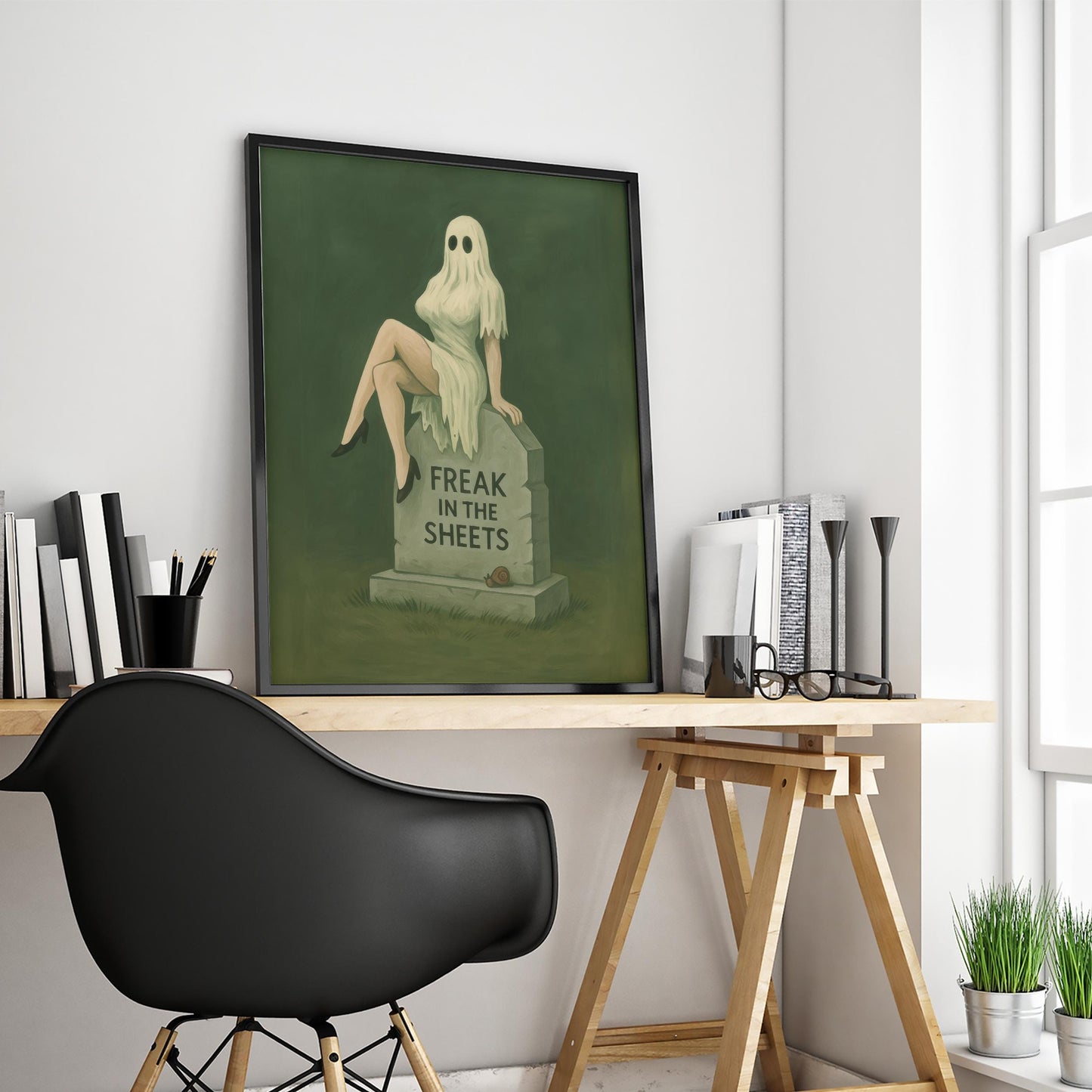 Sexy Halloween Art Print – Freak in the Sheets Ghost Girl Poster with Gothic Humor Decor