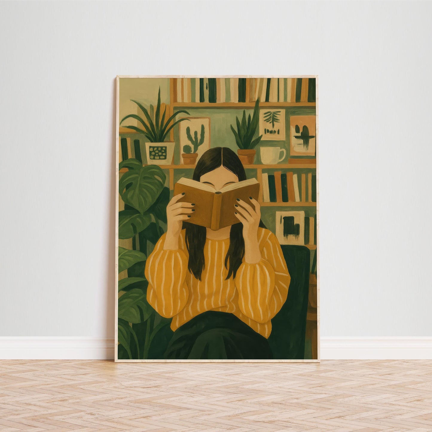 Library Wall Art – Cozy Reading Corner Poster With Book Lover Decor & Plant-Filled Room