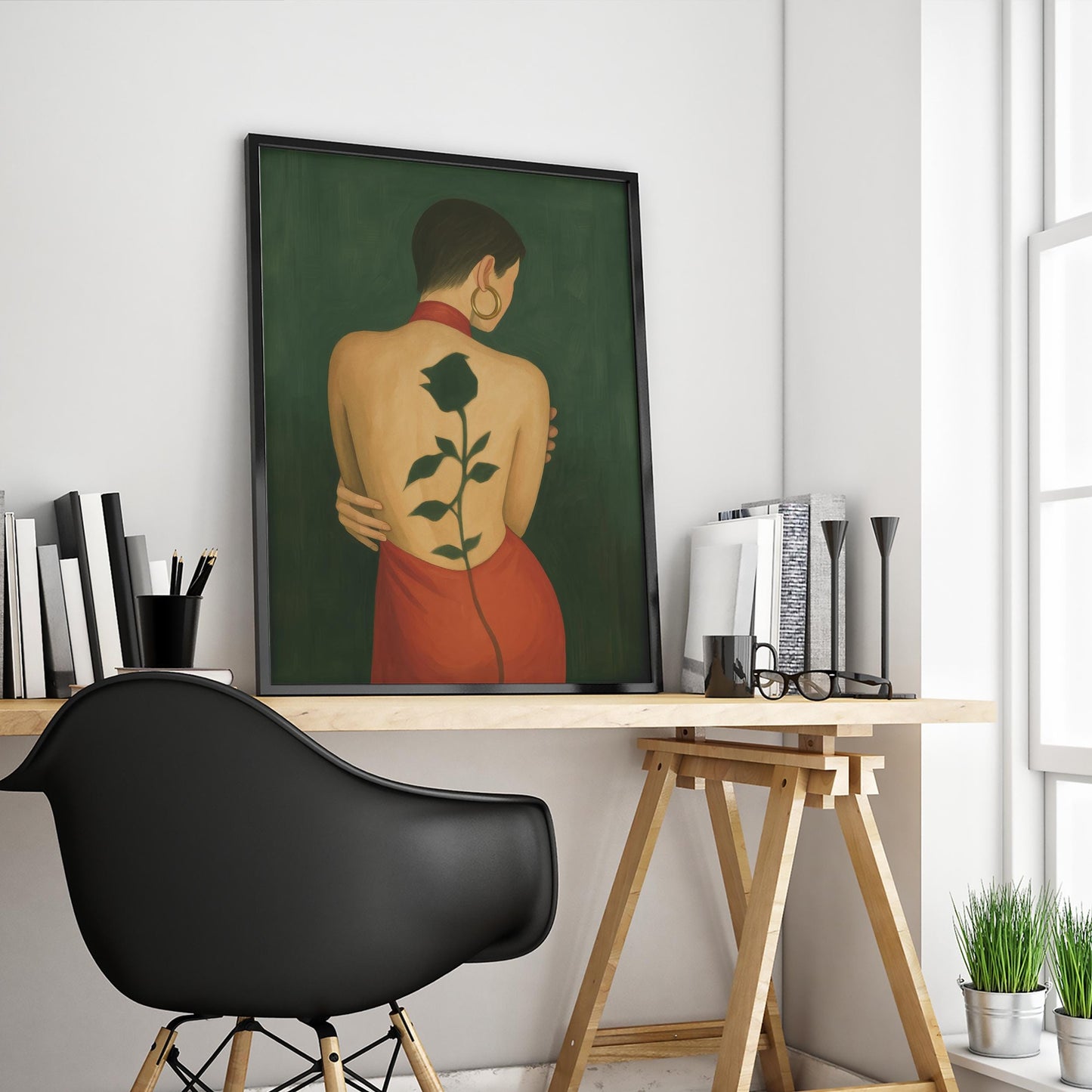 Rose Back Tattoo – Red Dress Art | Femme Fatale Moody Wall Print