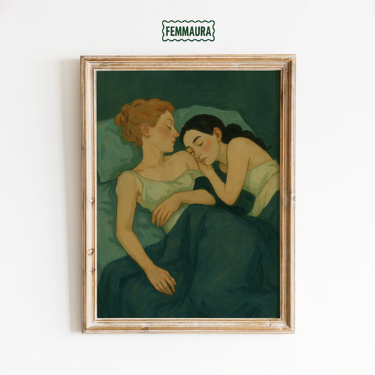 Lesbian Couple Print – Soft Vintage Queer Bedroom Art With Emerald Green Hues