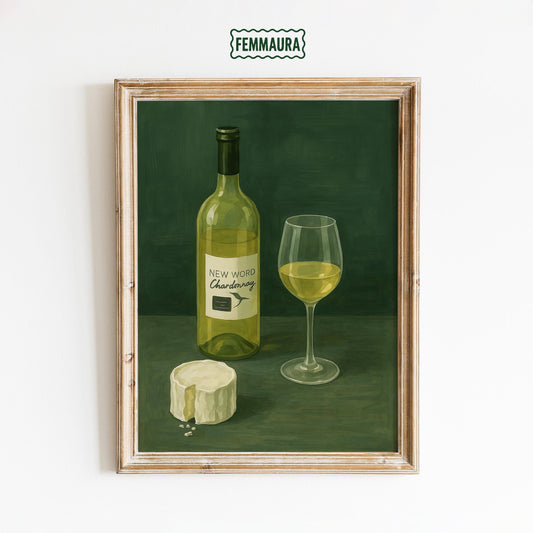 Chardonnay Cheese Poster – Minimalist Wine Print | Olive Green Vintage Wall Art