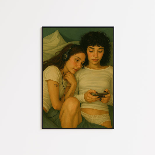 Vintage Girls Listening Poster – Intimate Bedroom Wall Art With Soft Moody Colors