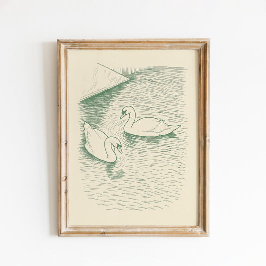Swan Lake Poster – Minimal Green Line Art of Two Swans