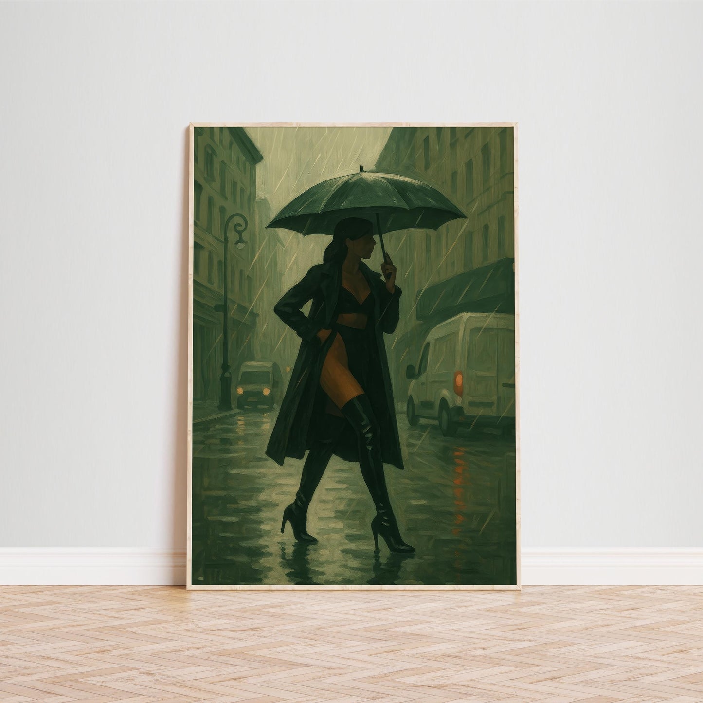 Noir Femme Fatale Art – Moody Urban Decor With Rainy City Artwork And Trench Coat Elegance