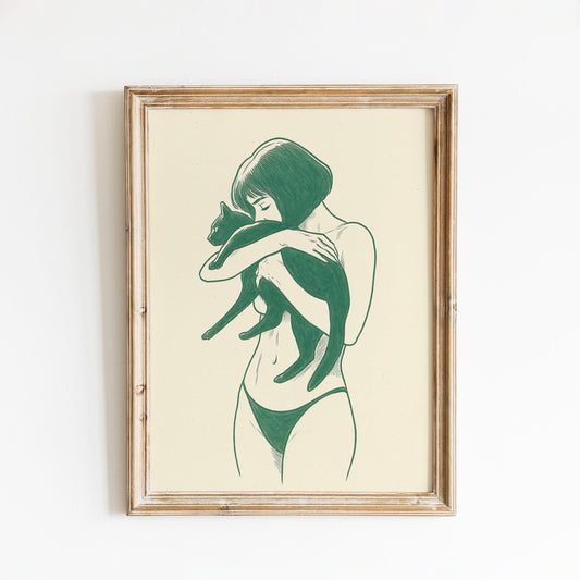 Soft Embrace – Minimal Woman and Cat Line Art, Intimate Feminine Poster