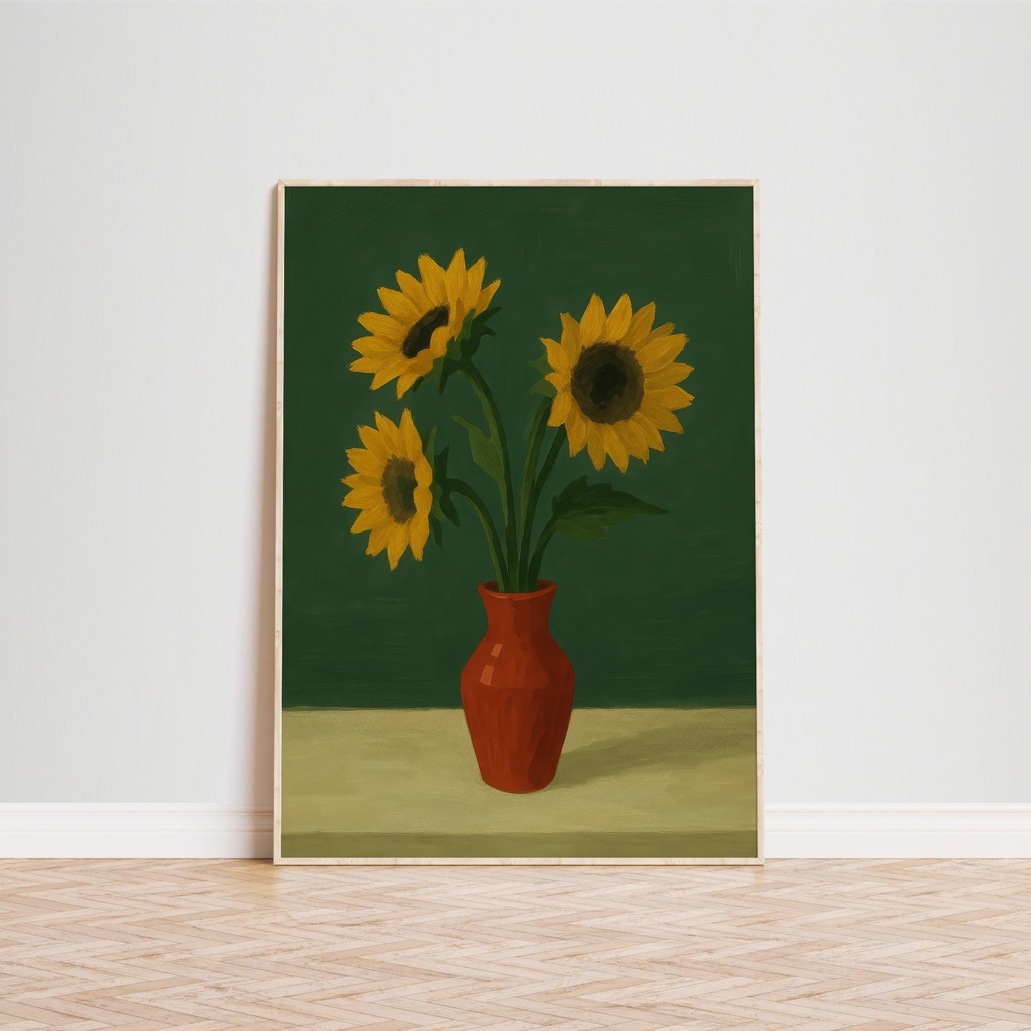 Sunflowers Wall Art – Bright Floral Print With Red Vase Artwork | Rustic Kitchen Decor