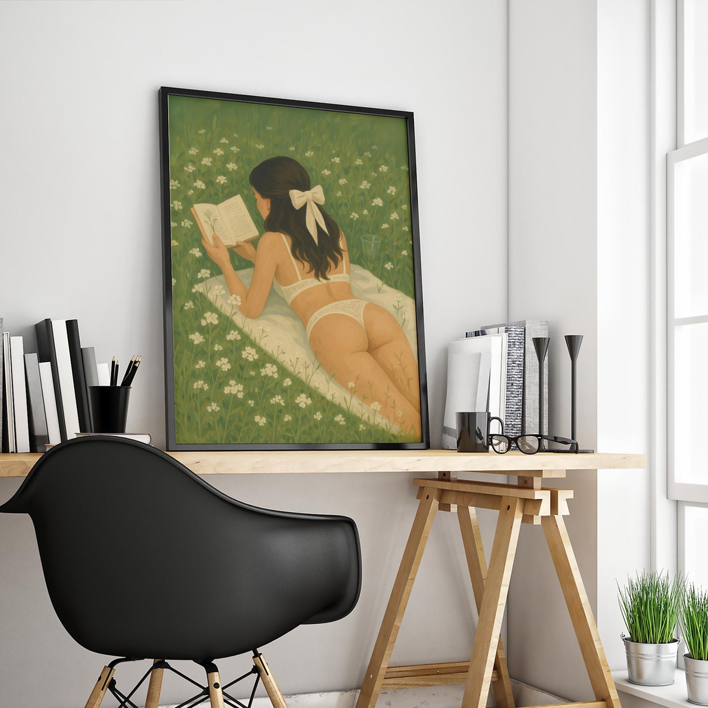 Feminine Wall Art – Reading Girl Print | Cozy Meadow & Romantic Bedroom Decor
