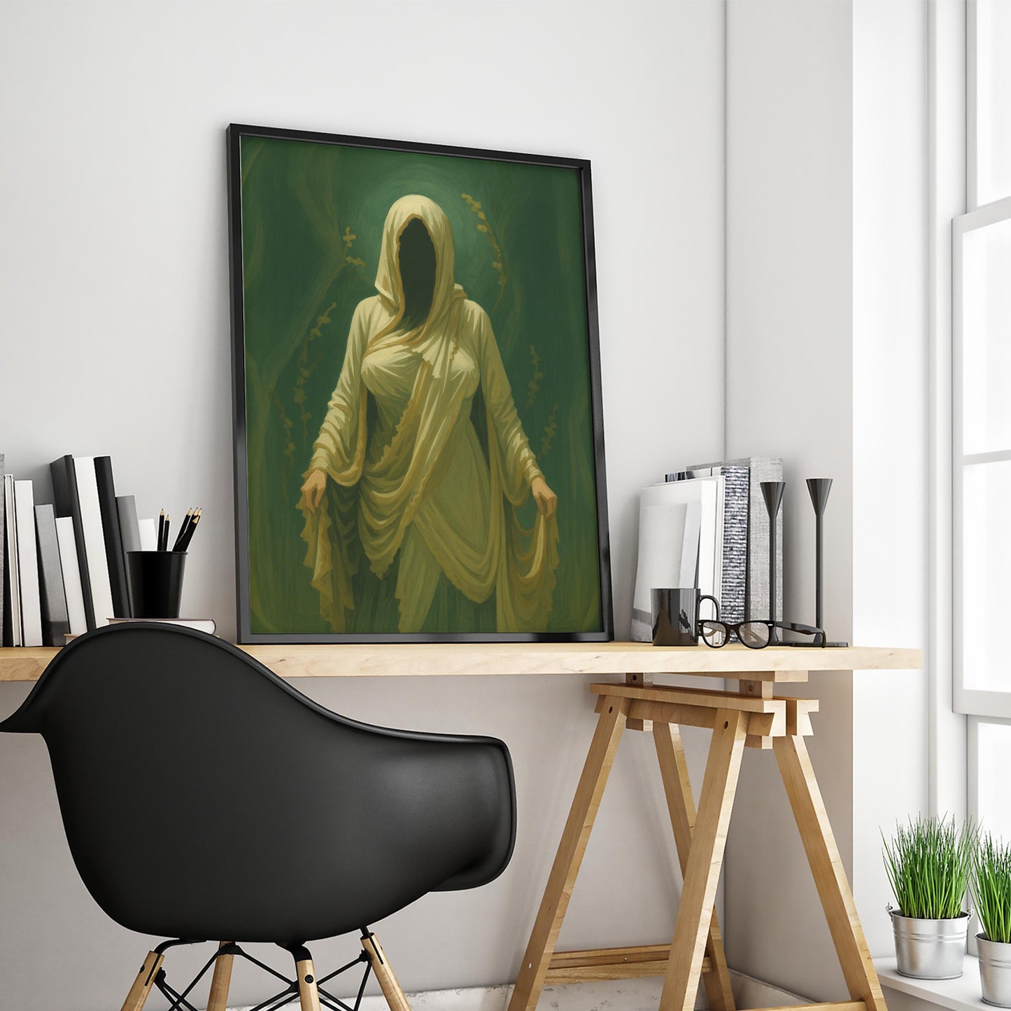 Faceless Hooded Figure Poster – Gothic Mystical Wall Art in Dark Green Tones