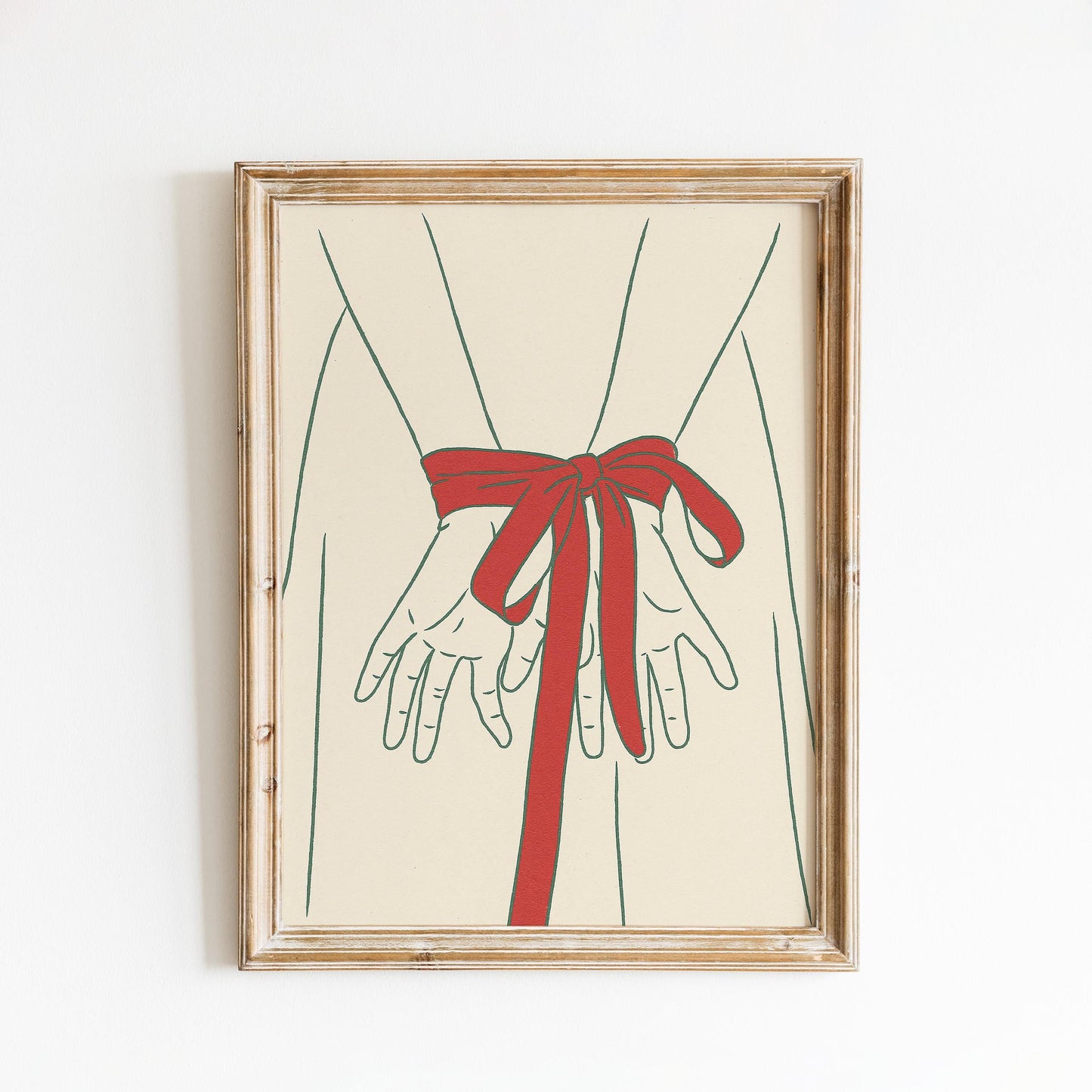 Red Ribbon Hands Poster – Minimal Line Art Feminine Wall Decor
