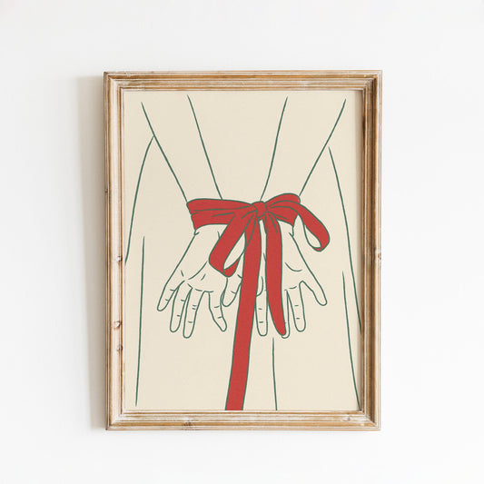 Red Ribbon Hands Poster – Minimal Line Art Feminine Wall Decor