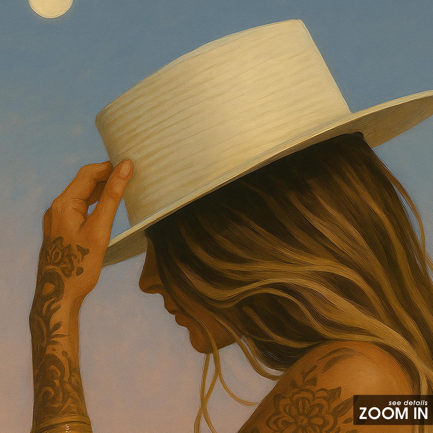 Boho Western Wall Art – Tattoo Woman Poster | Moonlight Desert Sunset Print