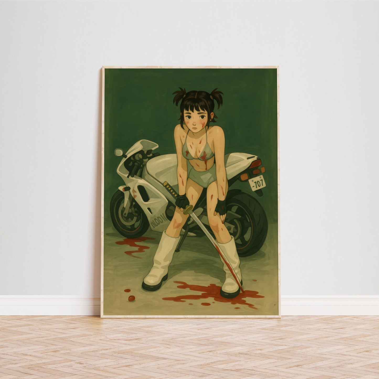 Anime Femme Poster – Biker Girl Art with Katana Sword Print | Sapphic Warrior Artwork