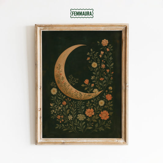 Floral Crescent Moon Botanical Wall Art – Dark Folk Decor, Ethereal Design