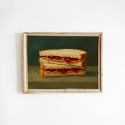 PB&J Sandwich Art Retro Food Poster – Moody Kitchen Decor & Nostalgic Wall Art