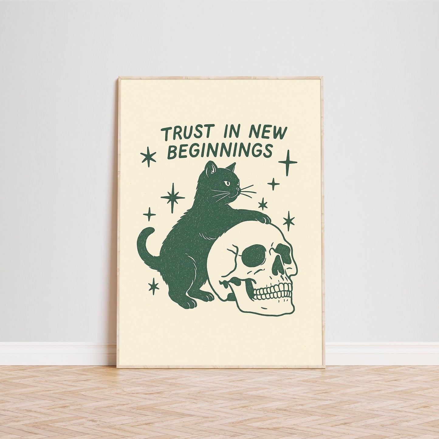 Trust in New Beginnings – Gothic Minimal Cat Poster, Witchy Spiritual Wall Art