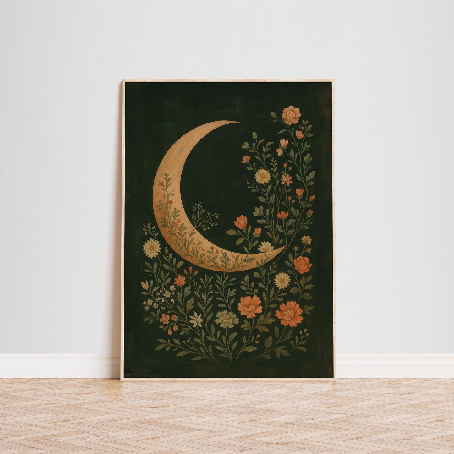 Floral Crescent Moon Botanical Wall Art – Dark Folk Decor, Ethereal Design