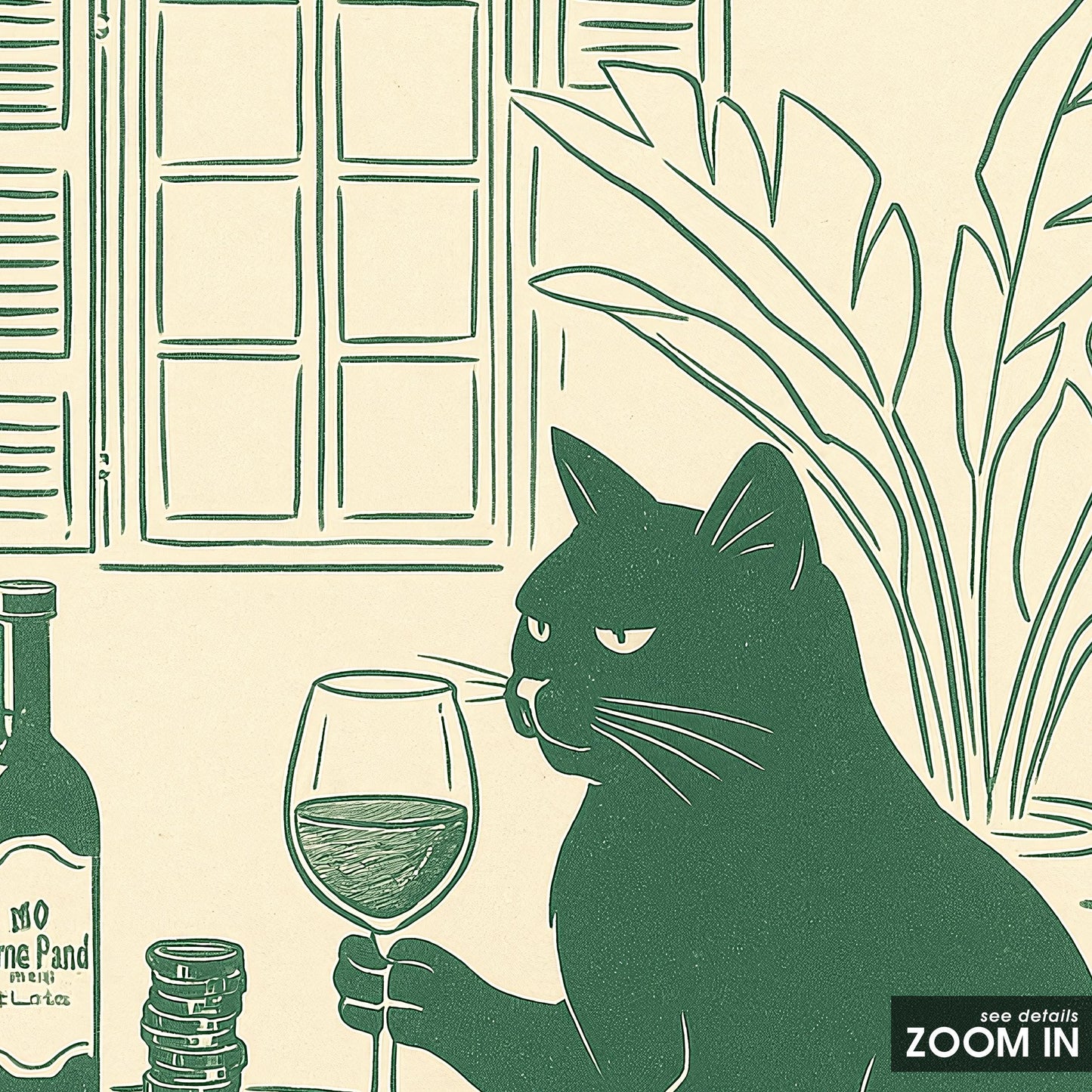 Wine Cat Poster – Elegant Minimal Line Art, French Café Style Wall Print