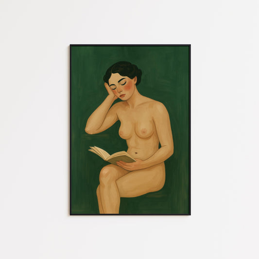 Nude Reading Woman Art – Feminine Book Lover Poster With Vintage Calm