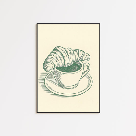 Coffee and Croissant Poster – Minimalist Line Art, French Breakfast Wall Print