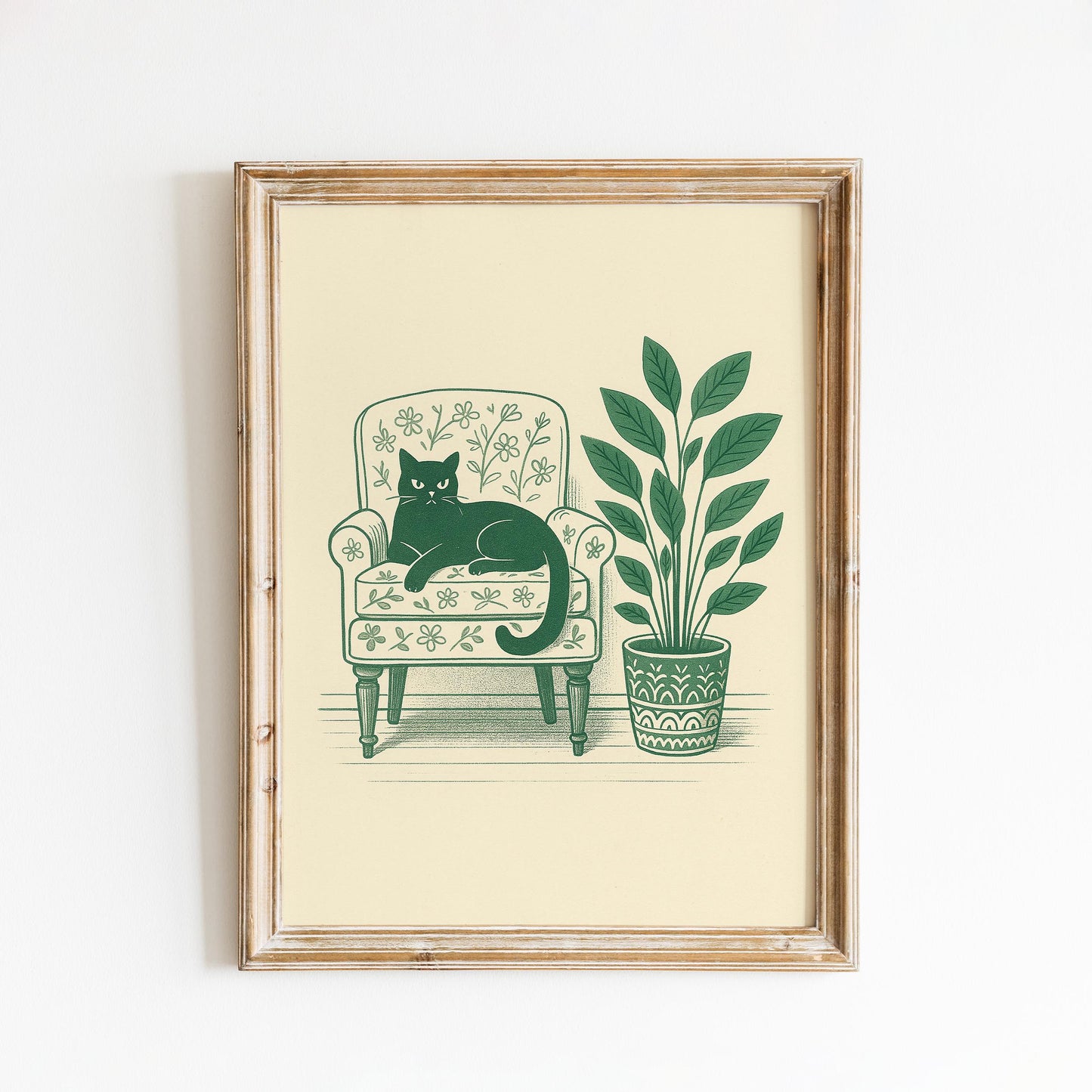 Lazy Afternoon Cat – Minimal Line Art Poster, Vintage Floral Chair Illustration