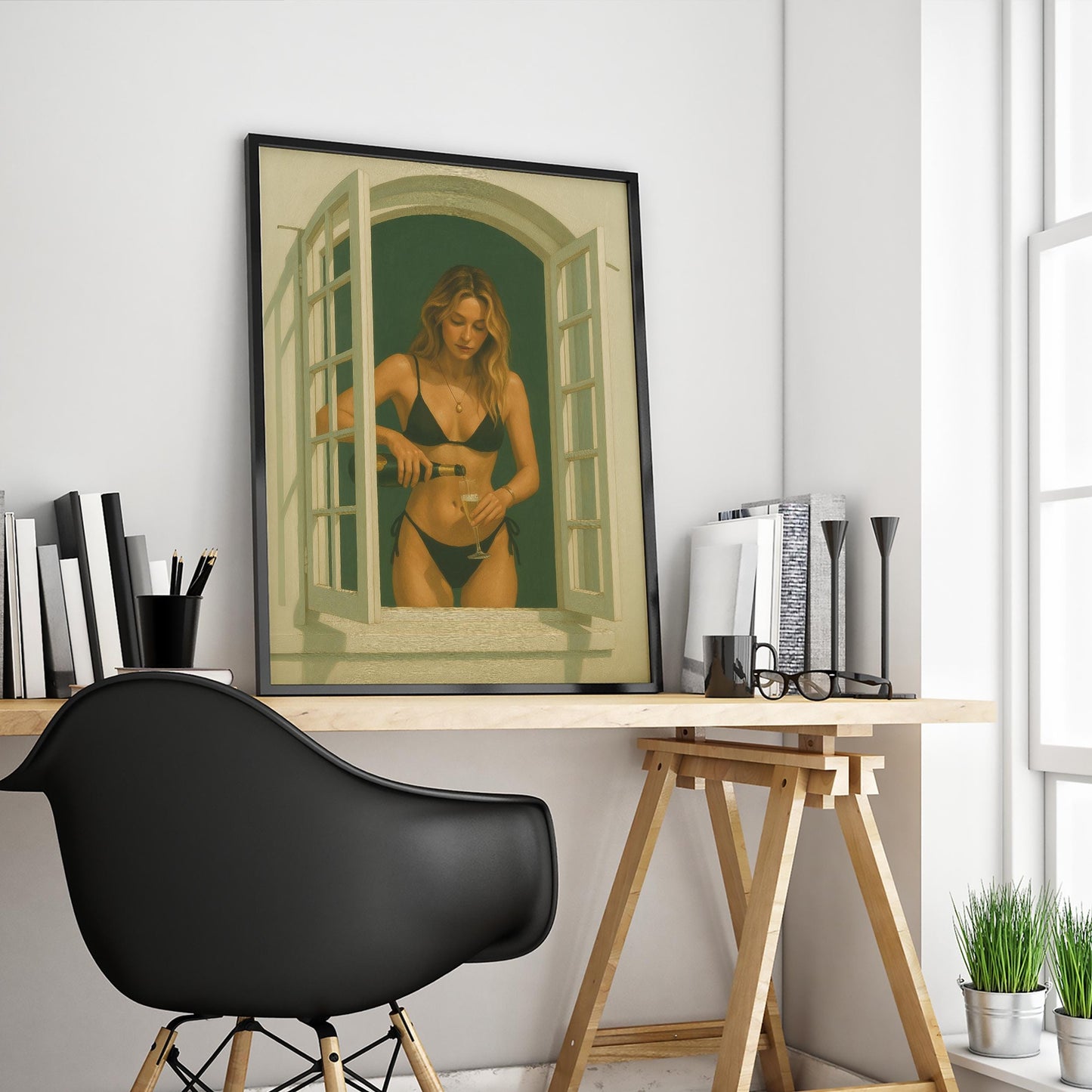 Bikini Girl Poster – Modern Summer Wall Art | Champagne Coastal Chic Print