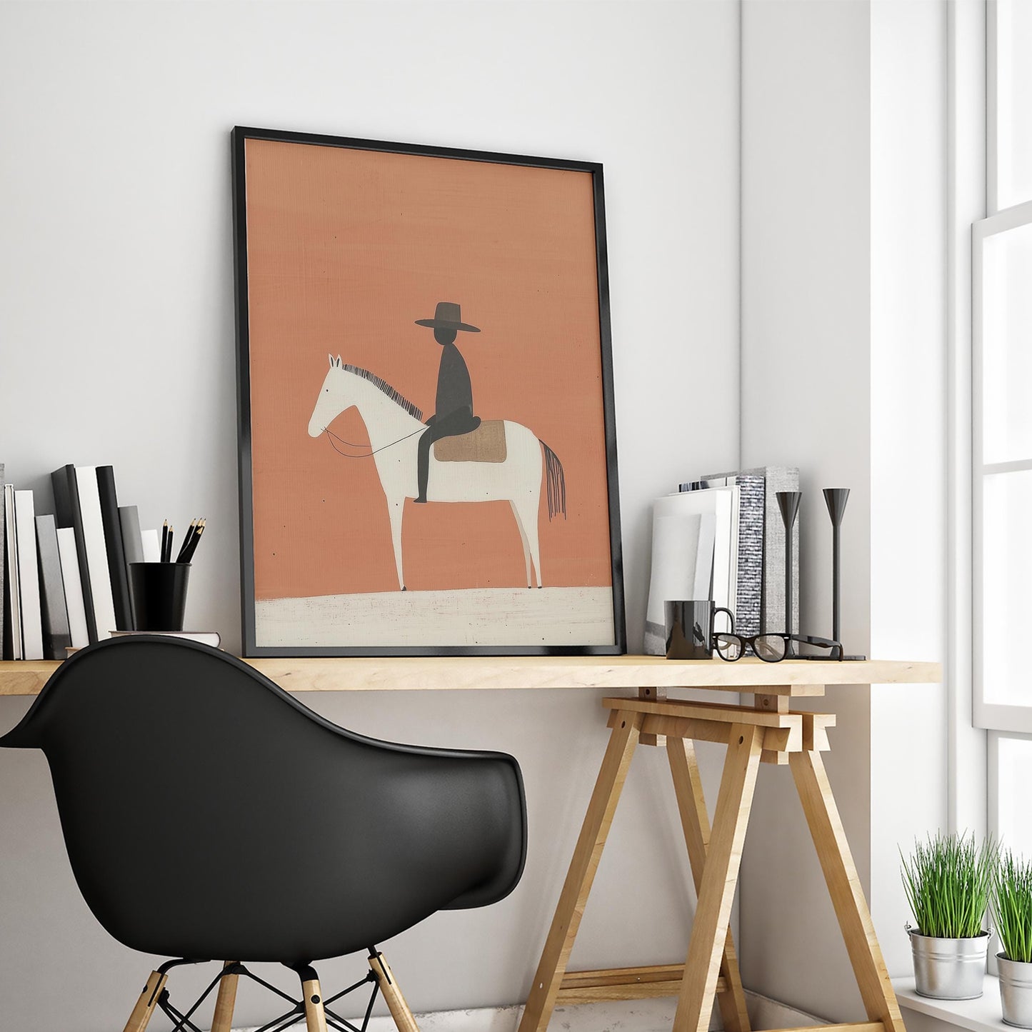 Minimal Cowboy on Horse – Western Desert Art Print
