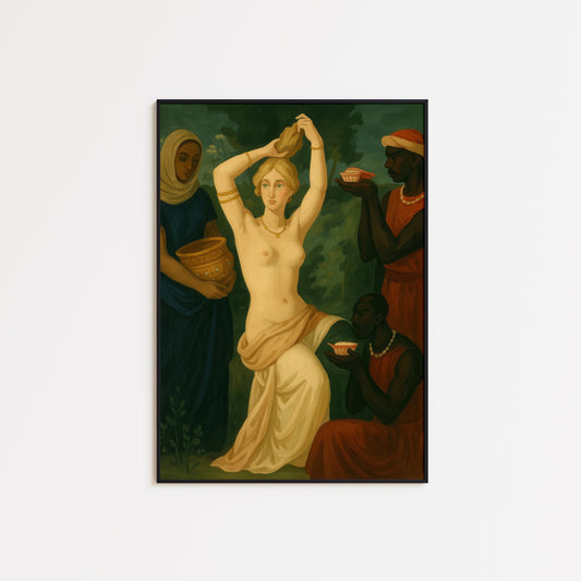 Classical Bath Scene | Vintage Wall Art - Neoclassical Painting with Warm Earthy Tones