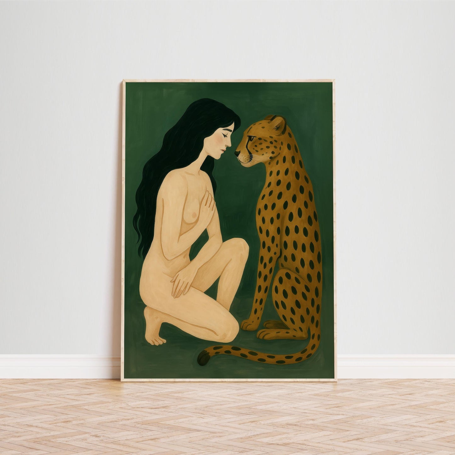 Leopard Wall Art – Wildlife Wall Art Featuring Woman and Leopard Print on Green Poster