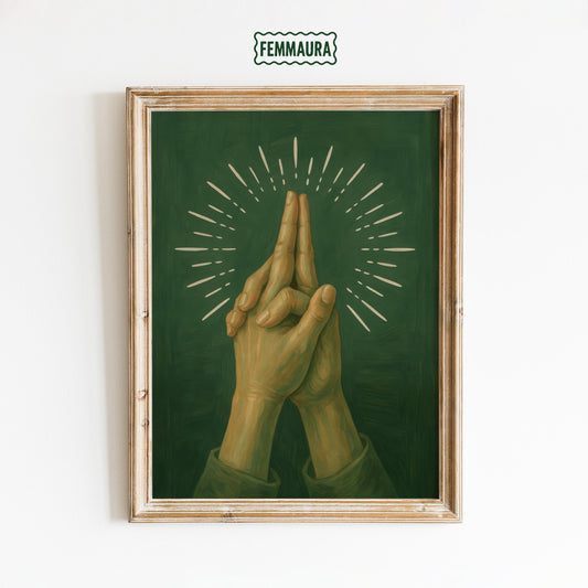 Surreal Prayer Art – Sensual Layered Praying Hands Print | Golden Beams