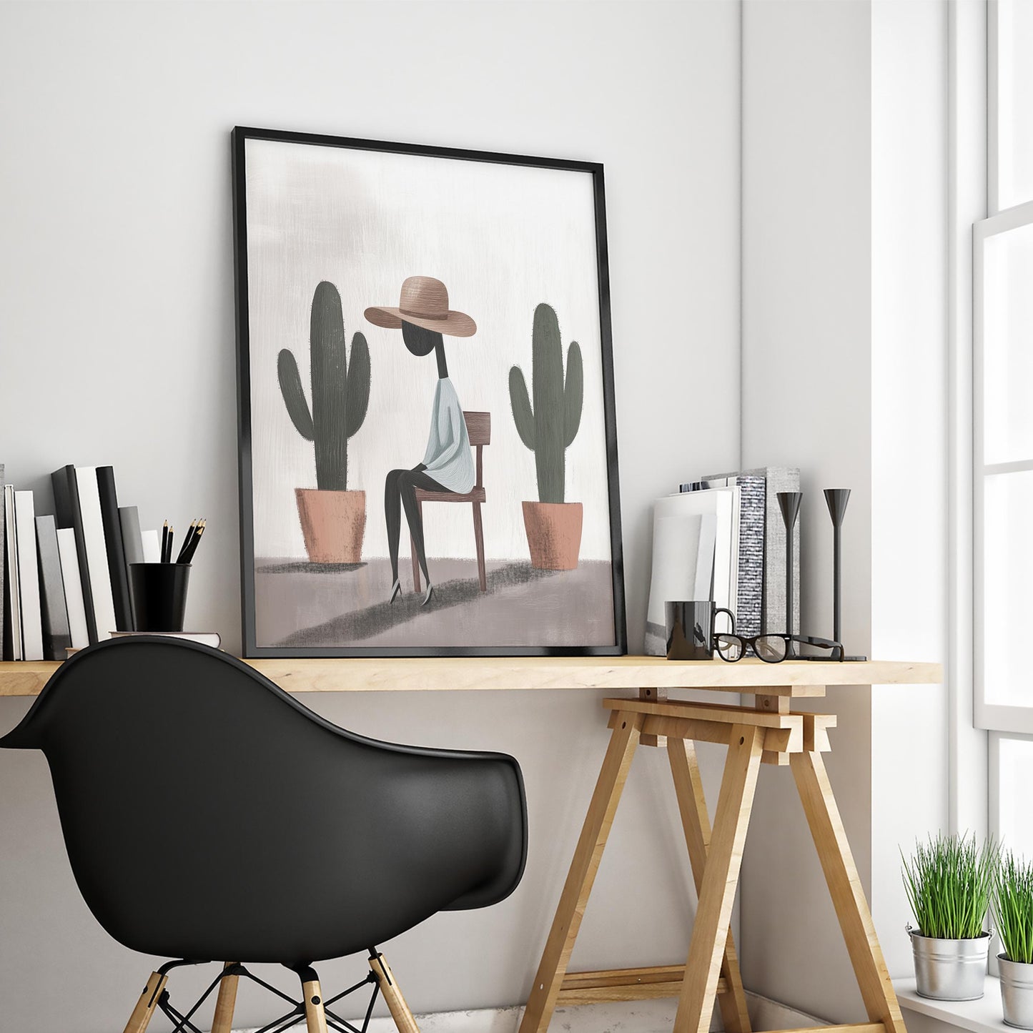 Minimal Woman with Cactus Poster – Western Boho Art Print