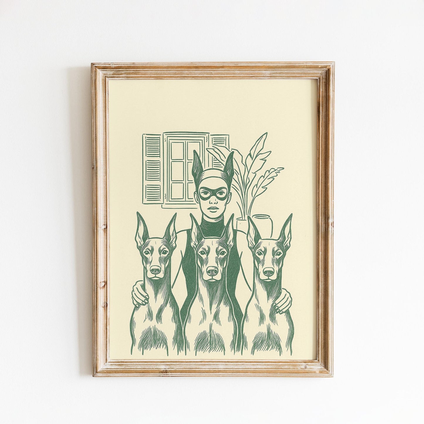 Masked Woman Poster – Feminine Power Art | Minimal Vintage Illustration, Green Line Drawing