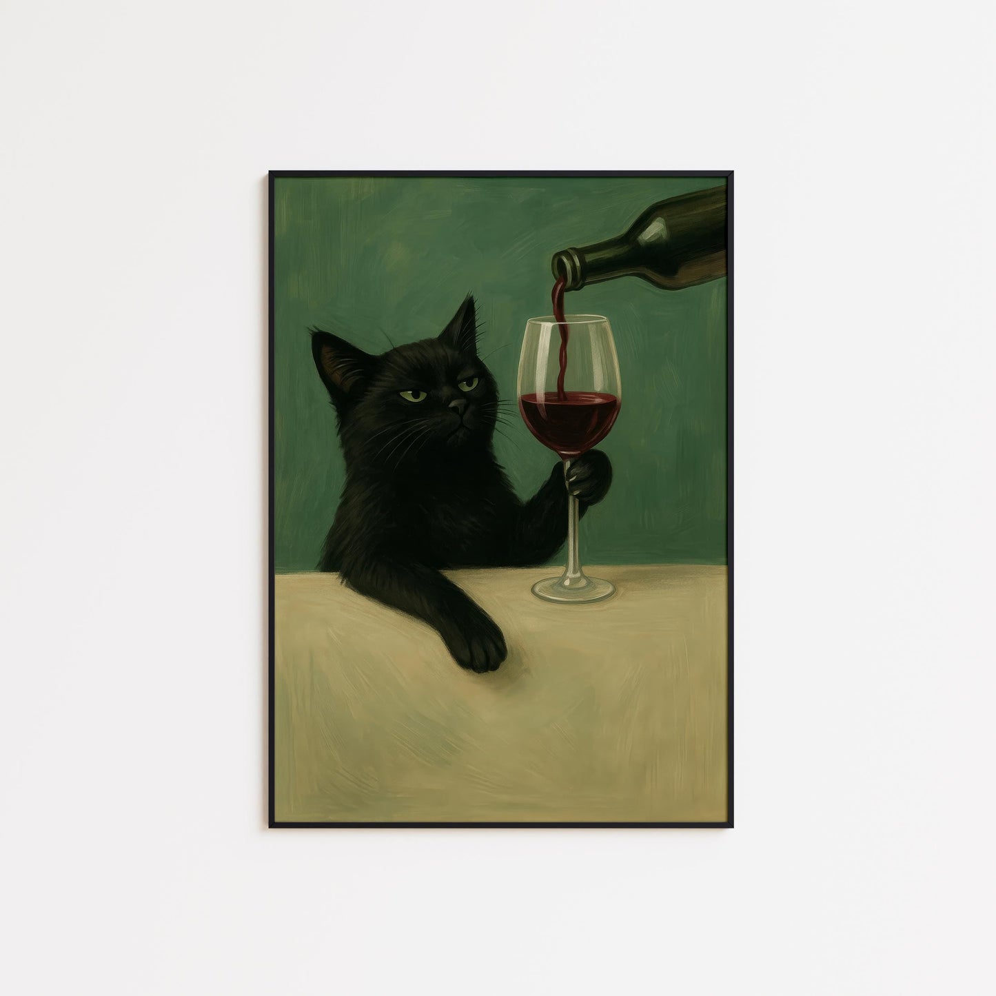 Black Cat Wall Art – Moody Cat Poster With Wine Glass | Gothic Kitchen Print
