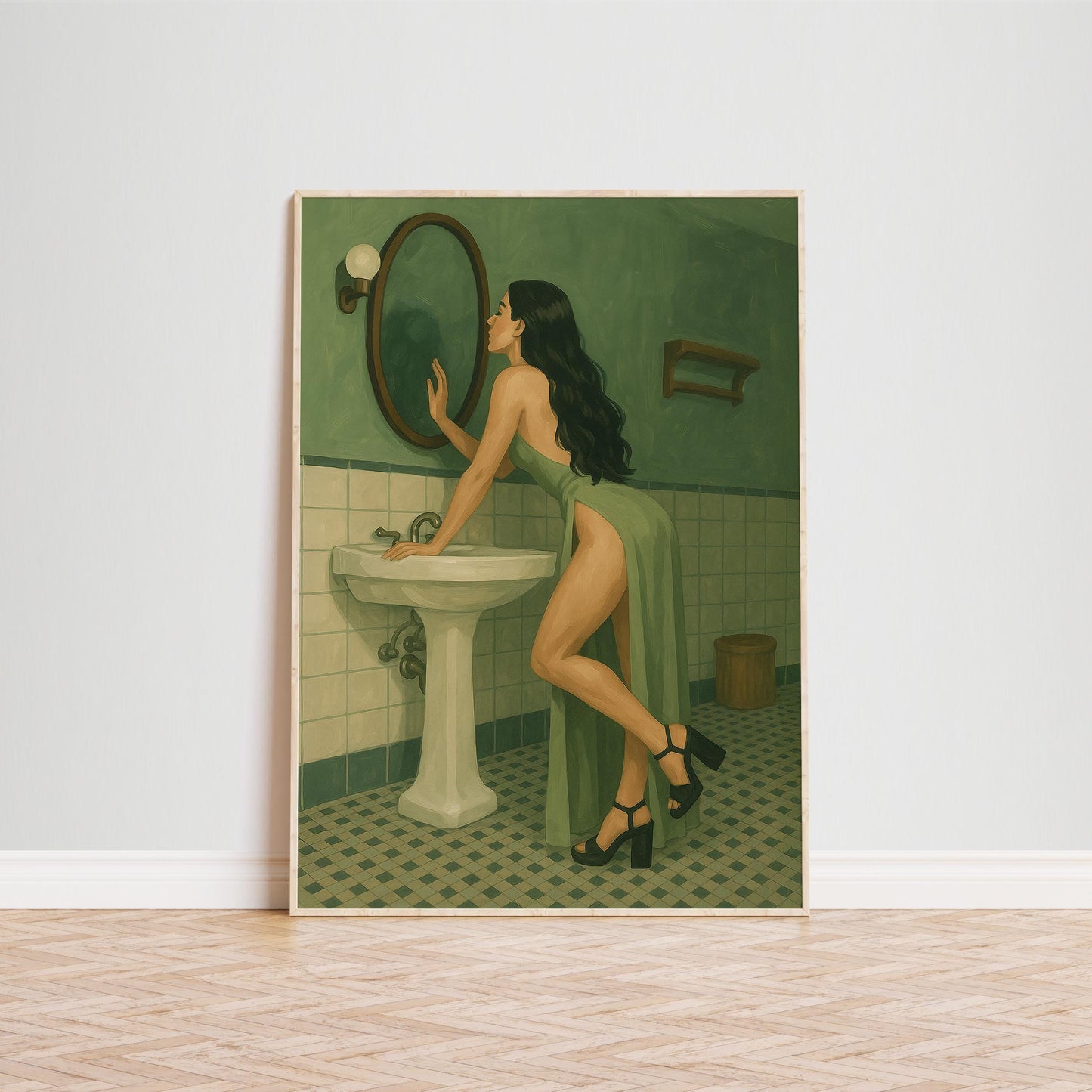 Retro Feminine Wall Art – Green Bathroom Poster With Flowing Dress & Vintage Tiles