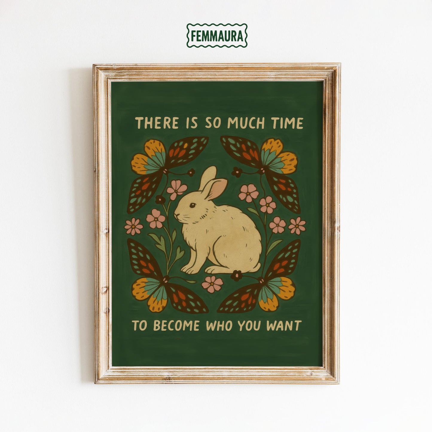 Inspirational Quote Poster – Folk Art Print With Rabbit & Butterfly Wall Decor